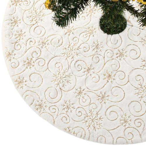 CITÉTOILE Falda de árbol de Navidad de Piel Sintética con Dorado Lentejuelas de Copo de Nieve, Falda Redonda árbol Navidad, Alfombra para Decoración Navideña, Plata, M
