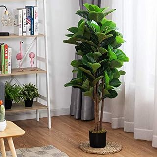 COSTWAY Artificial Trees with Plastic Pot, Lightweight & Easy to Clean Fiddle Fig Tree, Non Toxic Materials, Fake Decorative Plants for Home Office Lobby Restaurant (Green, 1.2m)