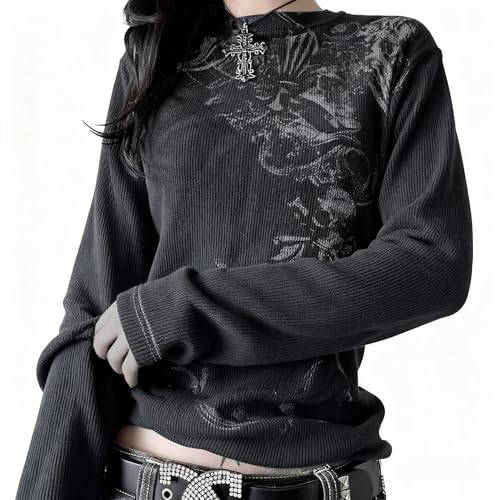 Image of Womens Y2K Gothic Graphic Ribbed Sweatshirts Vintage Punk Long Sleeve Tops Grunge Streetwear Going Out Clothes