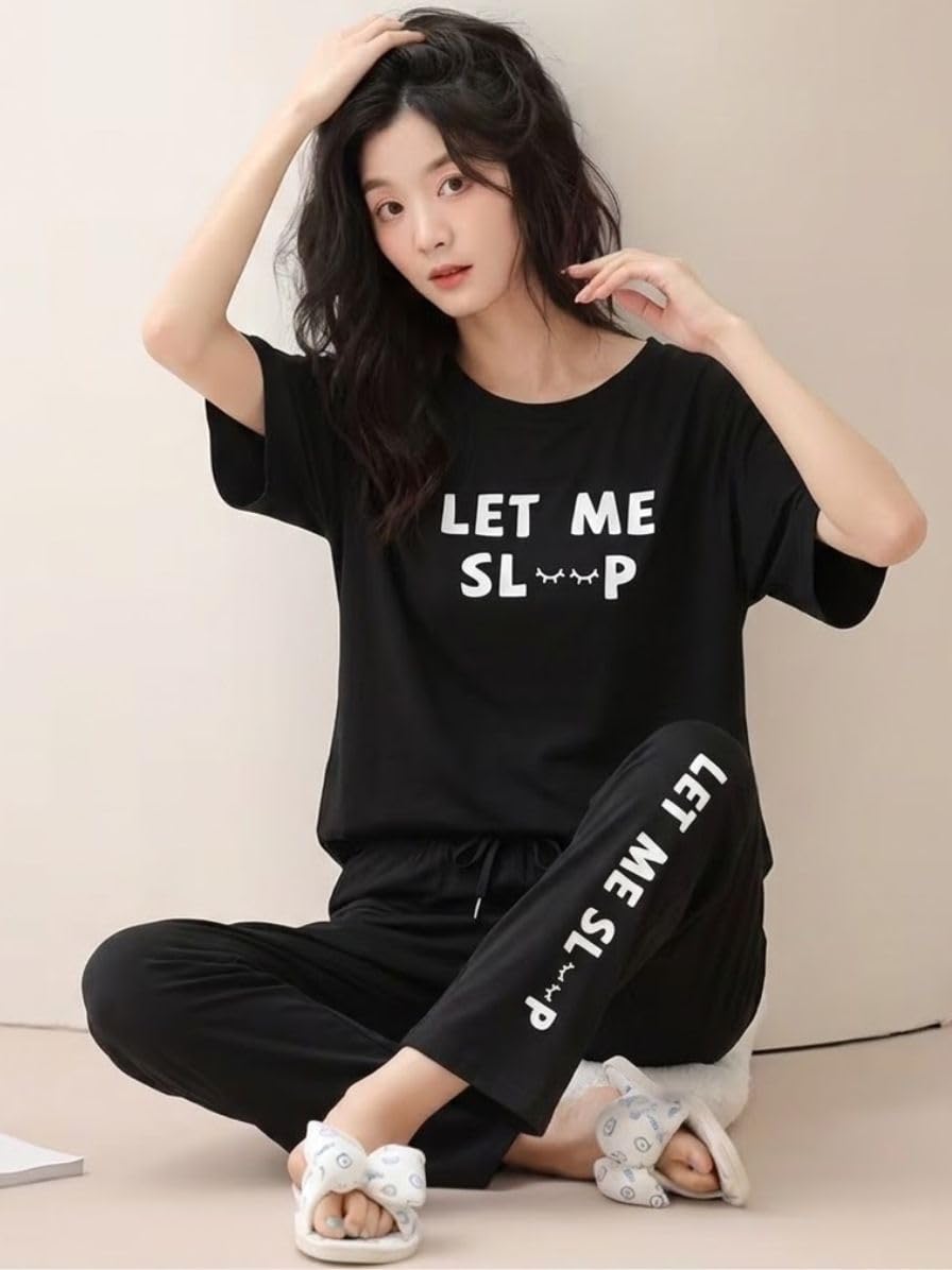 SMOWKLY Conjunto de pijama de dos piezas de mezcla de algodón de alta calidad con bonito estampado para mujer, camiseta elegante con pantalón de pijama, cómoda ropa de descanso