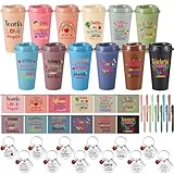 Pickmesh Teacher Appreciation Gift 2026 Bulk 48 Pcs / 12 Sets Thank You Teacher Gift 24oz Plastic Tumblers Makeup Bag Keychain Ballpoint Pen for Teacher's Day(Inspirational Coffee Cup,Morandi)