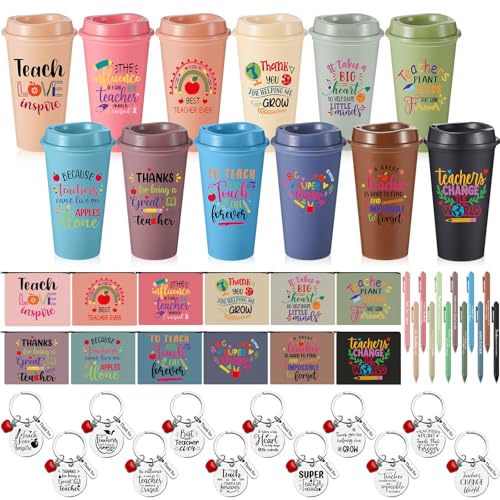 Pickmesh Teacher Appreciation Gift 2026 Bulk 48 Pcs / 12 Sets Thank You Teacher Gift 24oz Plastic Tumblers Makeup Bag Keychain Ballpoint Pen for Teacher's Day(Inspirational Coffee Cup,Morandi)