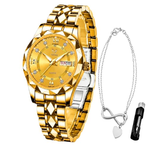 Image of Vetra Watches for Women Bracelet Set Ladies Watch Diamond Roman Numerals Square Dial Stainless Steel Band Day Date Luminous Waterproof Female Small Wrist Watches