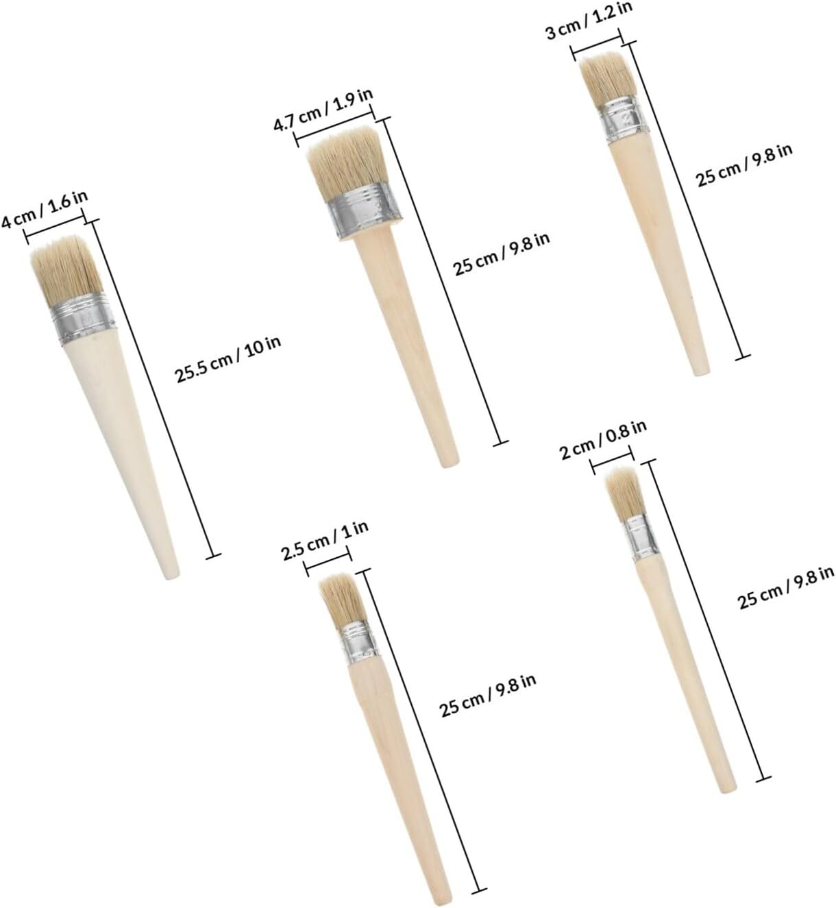 5pcs Round Wood Handle Paint Brushes with Natural Bristle for DIY Furniture Painting and Wood Glue Application, 20mm to 50mm Diameter Set for Home Improvement