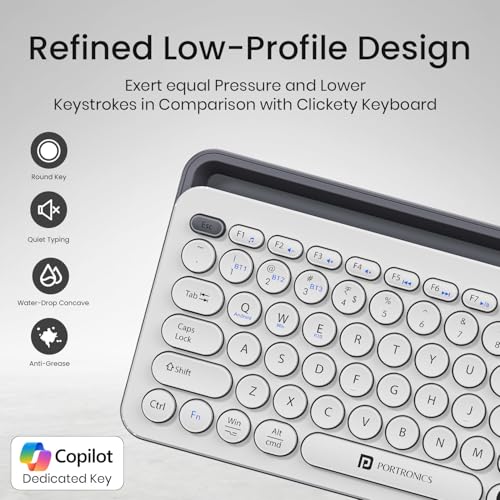 Image of Portronics Bubble 3.0 Wireless Keyboard with Bluetooth + 2.4 GHz USB Receiver, Rechargeable Battery, Dual Height Adjustment, Multimedia Hotkeys with Numpad, for Laptop, PC, Smartphone, Tablet(White)