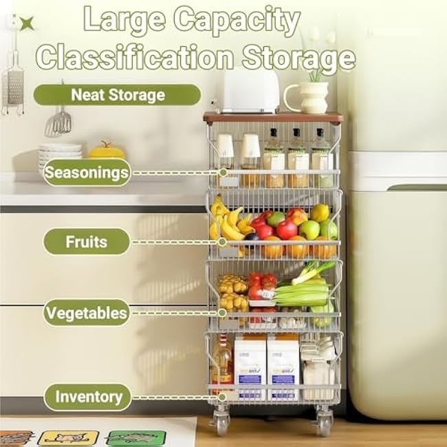 4 - Tier Sturdy Carbon Steel Storage Cart on Wheels, Multi - Layer Organizer Shelf with Drawers for Laundry, Pantry or Home Office-7MvoH3xK