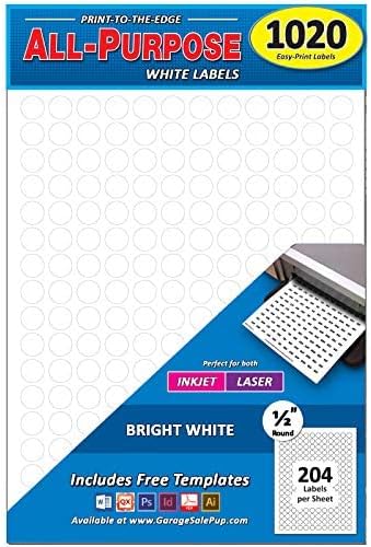 Pack of 1020 1/2" Round Circle Dot Labels, White, 8 1/2" x 11" Sheet, Fits Any Printer