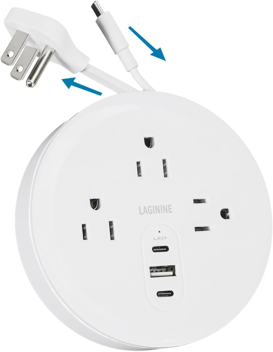 Travel Power Strip, Travel Essentials, Cruise Essentials, 3 AC Outlets, 3 USB Charging Ports (2 USB-C), Plus a Built-in USB-C Cable - for Travel/Cruise/Home/Dorm/Office.