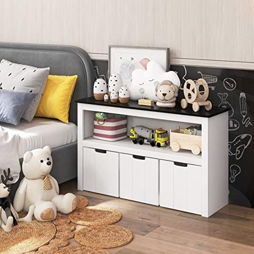 Maxmass Kids Toy Storage Organizer, 3/4 Drawers Children Storage Cabinet with Large Open Shelf, Wooden Book Display Unit for Playroom, Kindergarten, Living Room (Black Top + 3 Drawers, White + Black)