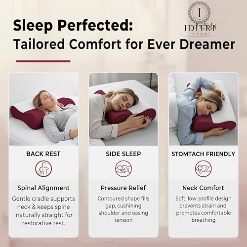 Image of Ergonomic Cervical Pillow Set of 2, Memory Foam Contour for Sleeping Neck Support, Dual 9 cm 12 cm Heights, Slow Rebound 50D Core, Burgundy Maroon Jacquard Case, 60 x 35 cm