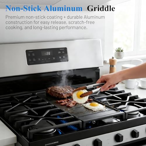 Image of Aluminum Griddle for GE Gas Range Cooktop with Tongs | Replacement Griddle Plate Compatible with WB31X24738 and WB31X49806, featuring nonstick coating and 12 inch wooden tongs.