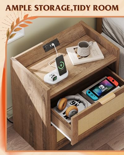 Image of WLIVE Rattan Nightstand Set of 2 with Charging Station, Boho Bedside Table