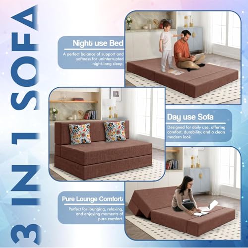 Image of Los Angeles Foldable Two Seater Sofa Cum Bed, Sofa Bed 4 X 6 Feet Jute Fabric Washable Cover- Including Cushion Perfect for Living Room & Office, Guest Room - Brown Color