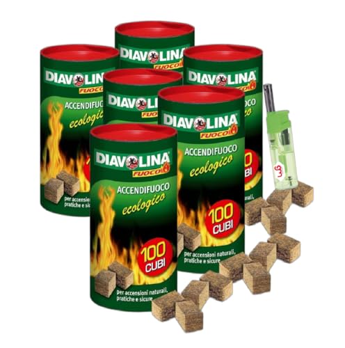 Diavolina Accendifuoco Ecologico 100pz, Accensione Istantanea Naturale Pratica Sicura per Camino, Stufa, Legna, Barbecue con Accendino GM (6 CF + accendino)