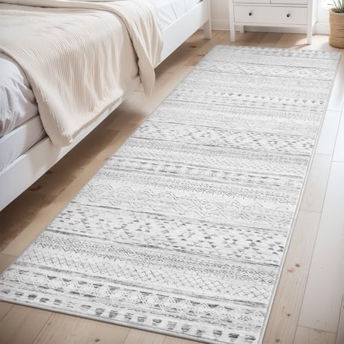 2x6 Runner Rug - Washable Neutral Grey Area Rug for Bedroom, Dining Room, Play Room - Soft Boho Carpet Grey 2'x6'