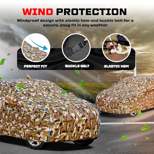 Image of Tata Tiago 100% Waterproof Car Cover for All Weather Protection with Mirror & Antena Pocket Inner Cotton Layer Triple Stitched Cover with Adjustable Belt Bottom Elastic to Secure Fit-Jungle