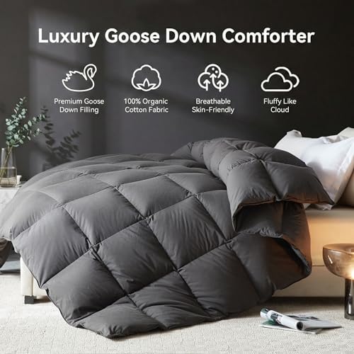 Image of L LOVSOUL Goose Feather Down Fiber Comforter King Size, 100% Organic Cotton Fabric Duvet Insert,1200TC,750+Fill Power, Hotel Collection, Light Weight Grey with 8 Tabs,106X90IN