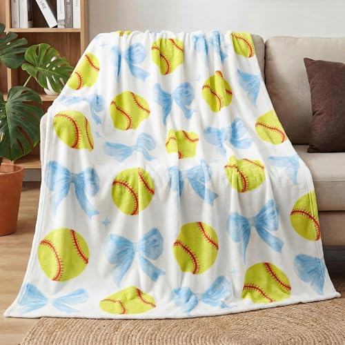 HunnmingRe Softball Blanket 50x60 Coquette Blue Bow White Soft Throw Blanket Softball Gifts for Girls Women Team Players Coach Unique Gifts for Sports Lovers