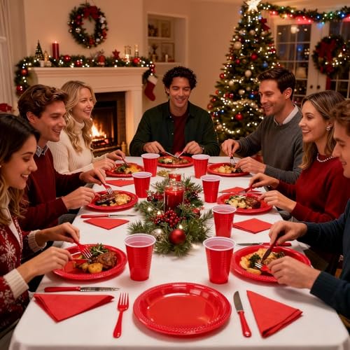 MirthMood 350PCS Red Disposable Plastic Plates,Red Dinnerware Set Includes 50 Dinner Plates, 50 Salad Plates, 50 Sets of Silverware, 50 Napkins and 50Pcs 12OZ Plastic Cups by LUODA - Image 8