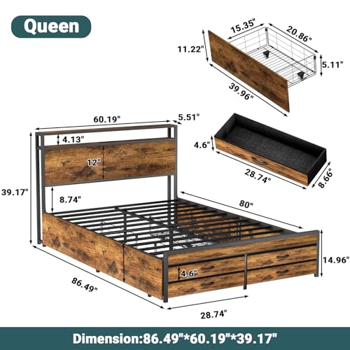 Queen Bed Frame with 8 Storage Drawers, Queen Metal Bed Frame with LED Light and Charging Station, Heavy Duty Metal Slats, No Box Spring Needed, Rustic Brown - Image 3