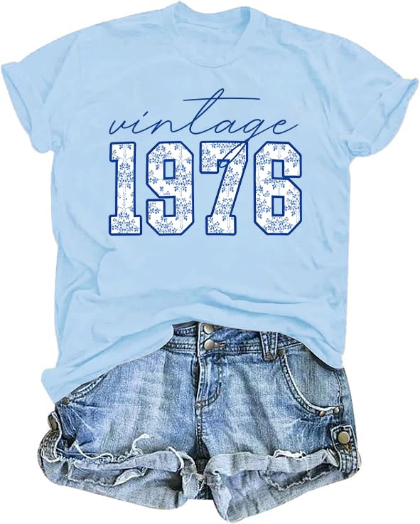 Image of 50th Birthday Gift for Women Vintage 1975 T Shirts Retro Graphic Birthday Shirt Casual Letter Print Short Sleeve Tee Tops