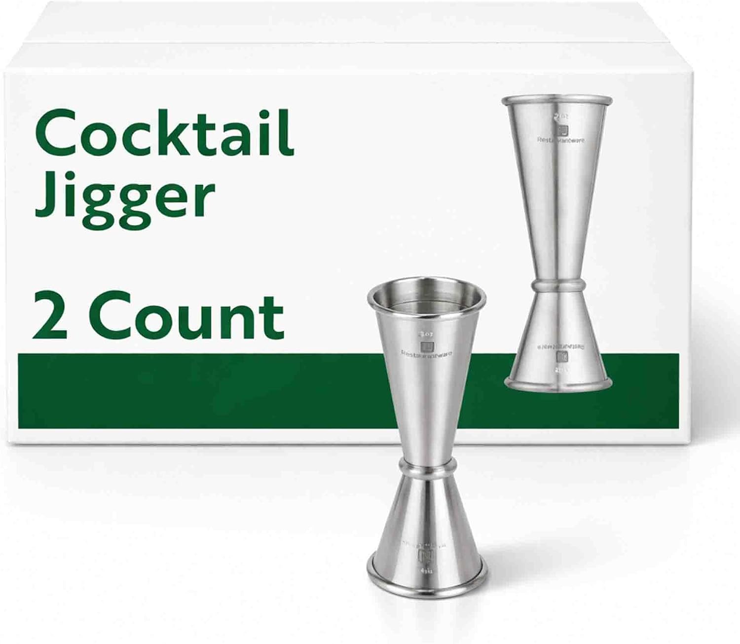 Restaurantware Cocktail Jigger - 2 Count - Bar Lux 1 oz / 2 oz Stainless Steel Jigger, Japanese Style, Spill-Resistant, Stable Base - Dual Measurement, Brushed Silver, For Bartending and Mixology