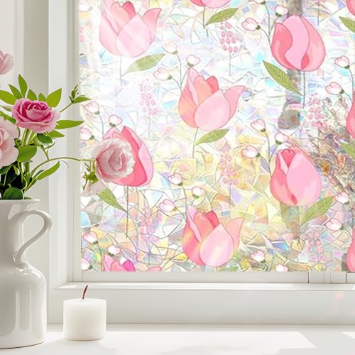sanderala Stained Glass Window Film Double-Side Decals Glass Decals Colorful Floral Static Clings Non Adhesive Privacy Protection Rainbow Decals Sun Blocking Ant UV(Tulip,17.7" x 118.1")