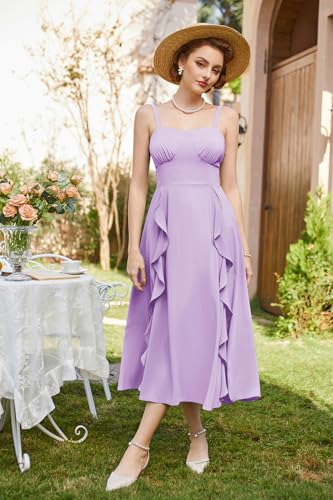Image of Belle Poque Sun Dresses for Women Spring Summer Floral Midi Flowy Spaghetti Ruffle Wedding Guest Tea Party Dress