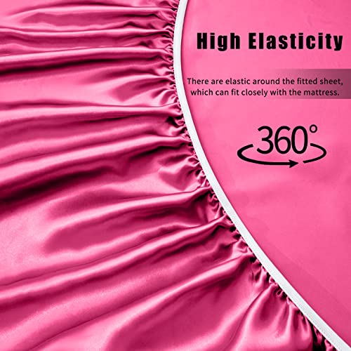 Vacvelt 4Pcs Hot Pink Satin Sheets Full Size Bed Set, 15 Inch Deep Pocket Silky Satin Sheet Set, Soft Satin Bedding Set Cooling & Luxury Bed Sheets, 1 Fitted Sheet + 1 Flat Sheet + 2 Pillowcases #TOP4