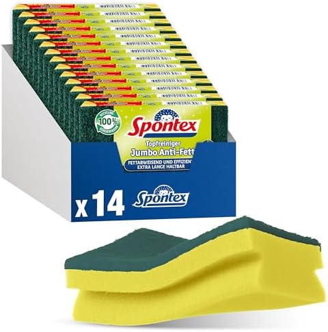 Spontex Jumbo Anti-Fett Topfreiniger, für große Flächen, mit fettabweisenden Recyclingfasern und Fussel Schutz, 14 Stück