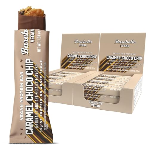 Image of Barebells Vegan Protein Bars Caramel Choco Chip, Plant Based with High Protein - Chocolate Protein Bars - Perfect on The Go Protein Snack & Breakfast Bars 24 Count (Pack of 1)