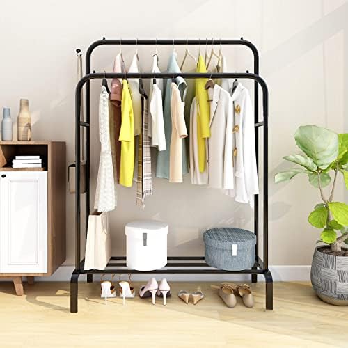 PUNKYOUTH Clothes Rail Heavy Duty Double Rods Clothes Rack for Bedroom Metal Free Standing Hanging Clothing Rails for Clothes with Shelves