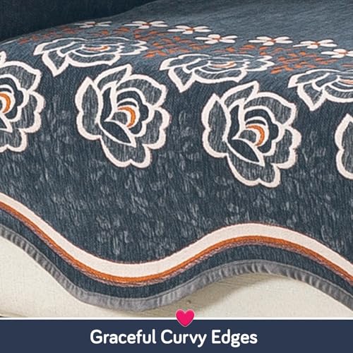 Image of HOKIPO Complete (Seat+Back+Arm) Sofa Mat Set for 3 Seater Sofa |Premium Chenille Sofa Covers with Curve Edges, 'Serene Curves Series' - Blossom Flower (IN-997+1002+1001 * 2 - D3)