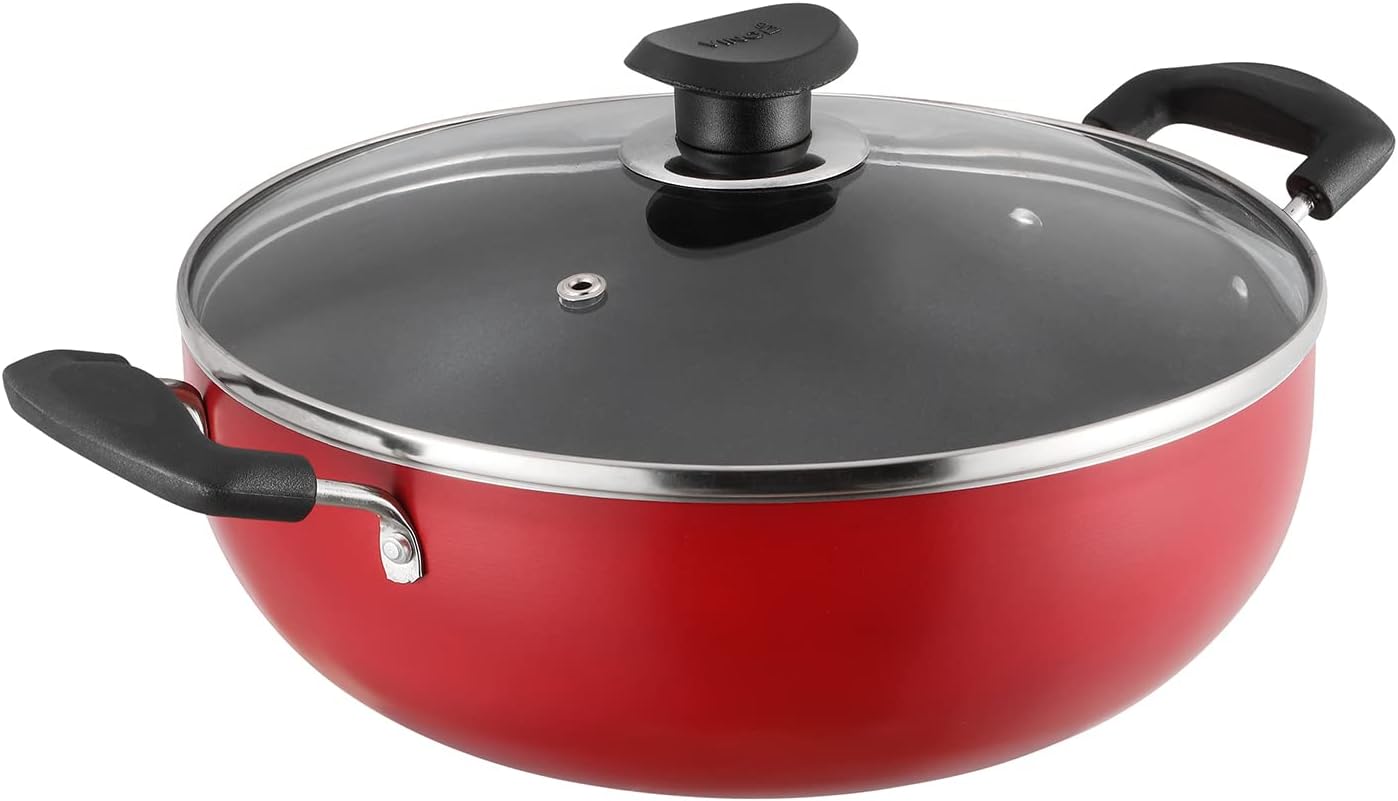 Cookware Zest Non-Stick Induction Friendly Deep Kadai With Lid Red/Black 2.6 Litres