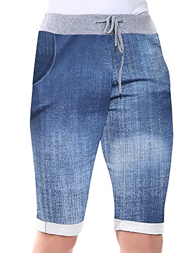 Love My Fashions® Women's Italian Shorts Ladies Summer Cotton Turn-Up 3/4 Cropped Printed Trousers Elasticated Drawstring Knee-Length Denim Magic Shorts
