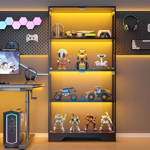 UNIQUITE Display Cabinet with Glass Doors, LED Curio Cabinet with RGB Human Body Sensor Light...
