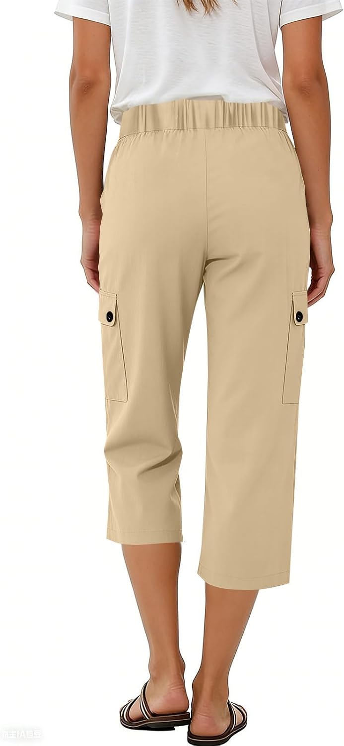 Cargo Capri Pants for Women High Waisted Summer Stretchy Cropped Hiking Trousers Loose Fit Casual Pant with Pockets