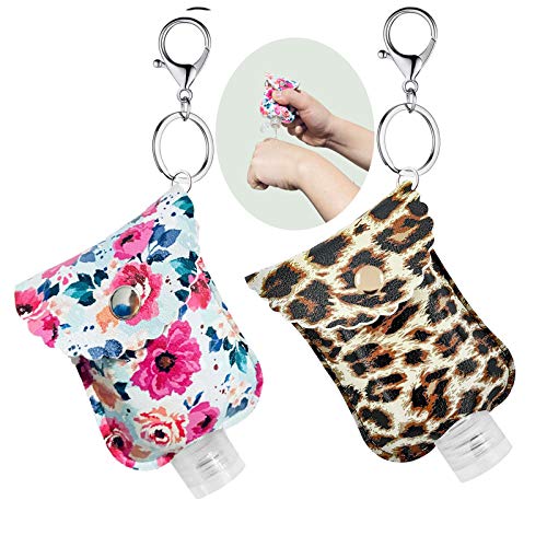 Hand sanitizer holder keychain, Empty Plastic Travel Bottles with Premium Leather Holder, Refillable Bottles Toiletries Containers for Lotion, and Liquids - Kids Men Women Portable Using (B-2PC)