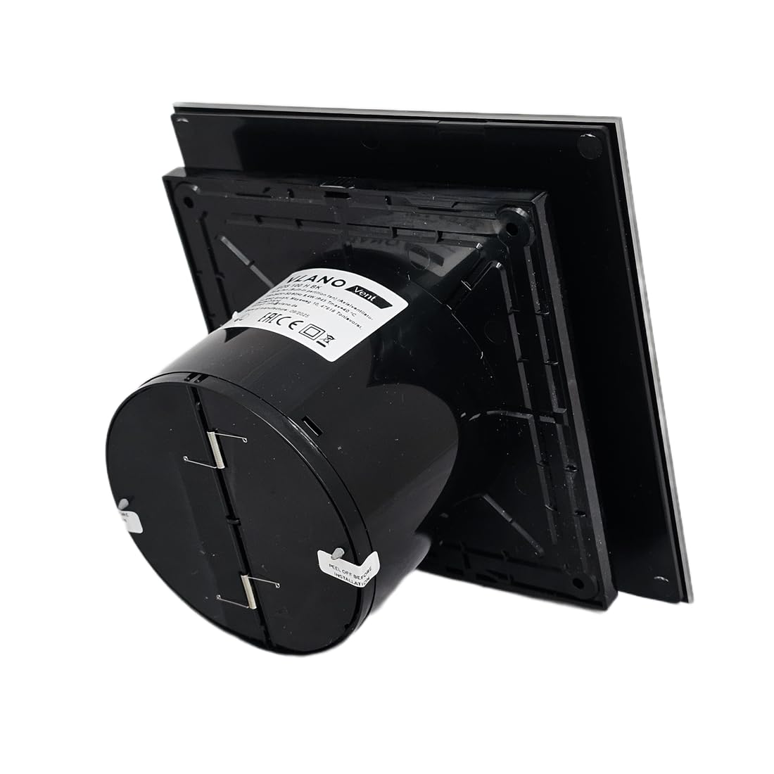 Vlano EOS 100 H BK Badlüfter mit Matt Glasfront, Feuchtigkeitssensor, Nachlauf, Rückschlagklappe, 100 mm, 100 m³/h, 25 dB, Schwarz, IP 45, Abluftlüfter, Hygro, Timer