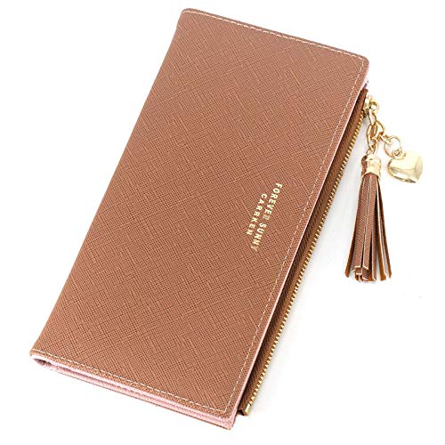 Wallets for Women Leather Cell Phone Case Holster Bag Long Slim Credit Card Holder Cute Minimalist Coin Purse Thin Large Capacity Zip Clutch Handbag Wallet for Girls and Boys Ladies (Brown)