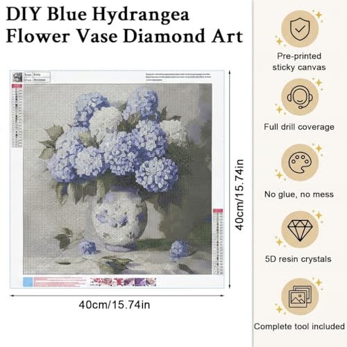 Image of HASTHIP DIY Diamond Painting Kit for Adult, Hydrangea Flower Vase Full Drill Diamond Art Canvas with Sparkling Resin Rhinestones, Craft Set for Adults, Unframed DIY Home Wall Decor Gift, 40x40cm