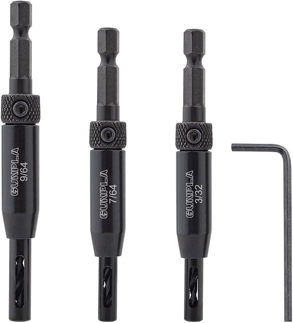 Gunpla 3pcs HSS Hinge Drill Bit Set, Self Centering Hole Drilling Bits Spring Loaded Tools, 1/4" Hex Shank Drills for Hinges Handles Drawers Wood Door Window Cabinet Woodworking 3/32 7/64 9/64