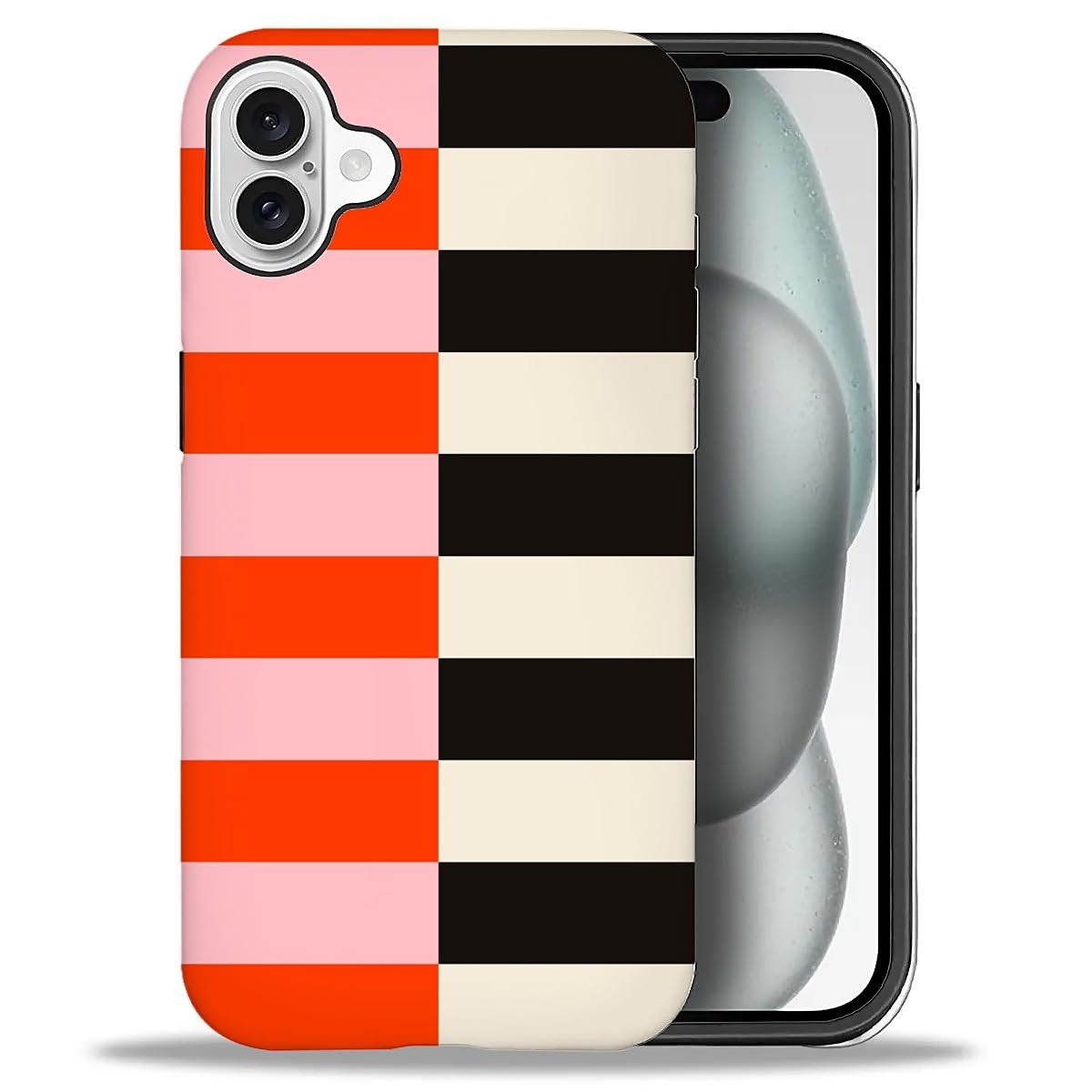 DAIZAG Compatible with iPhone 16 Case,Red Black Stripe Pattern 2 in 1 Heavy Duty Shockproof Rugged Hard PC+Soft Silicone Protective Cover