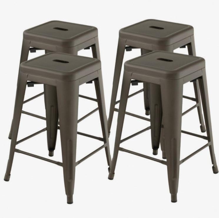 Image of Green 24 Inch Tolix Style Stackable Bar Stool Set 4-Piece Powder-Coated Metal Chairs 330lb Non-Slip X-Frame