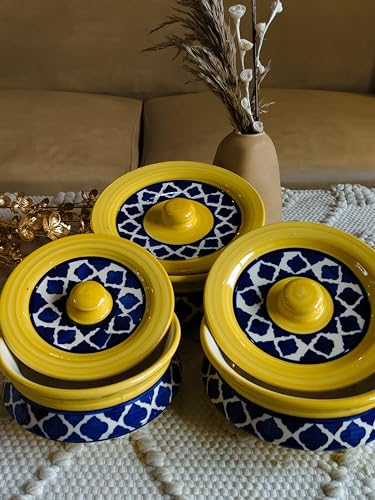 Image of Niyara Stoneware Handmade Ceramic Handpainted Multipurpose Storage Ceramic Casserole Jars & Containers With Lid Microwave Dishwasher Safe Kitchen Storage /Serving Snacks Dish Set Of 3,Moroccan Yellow