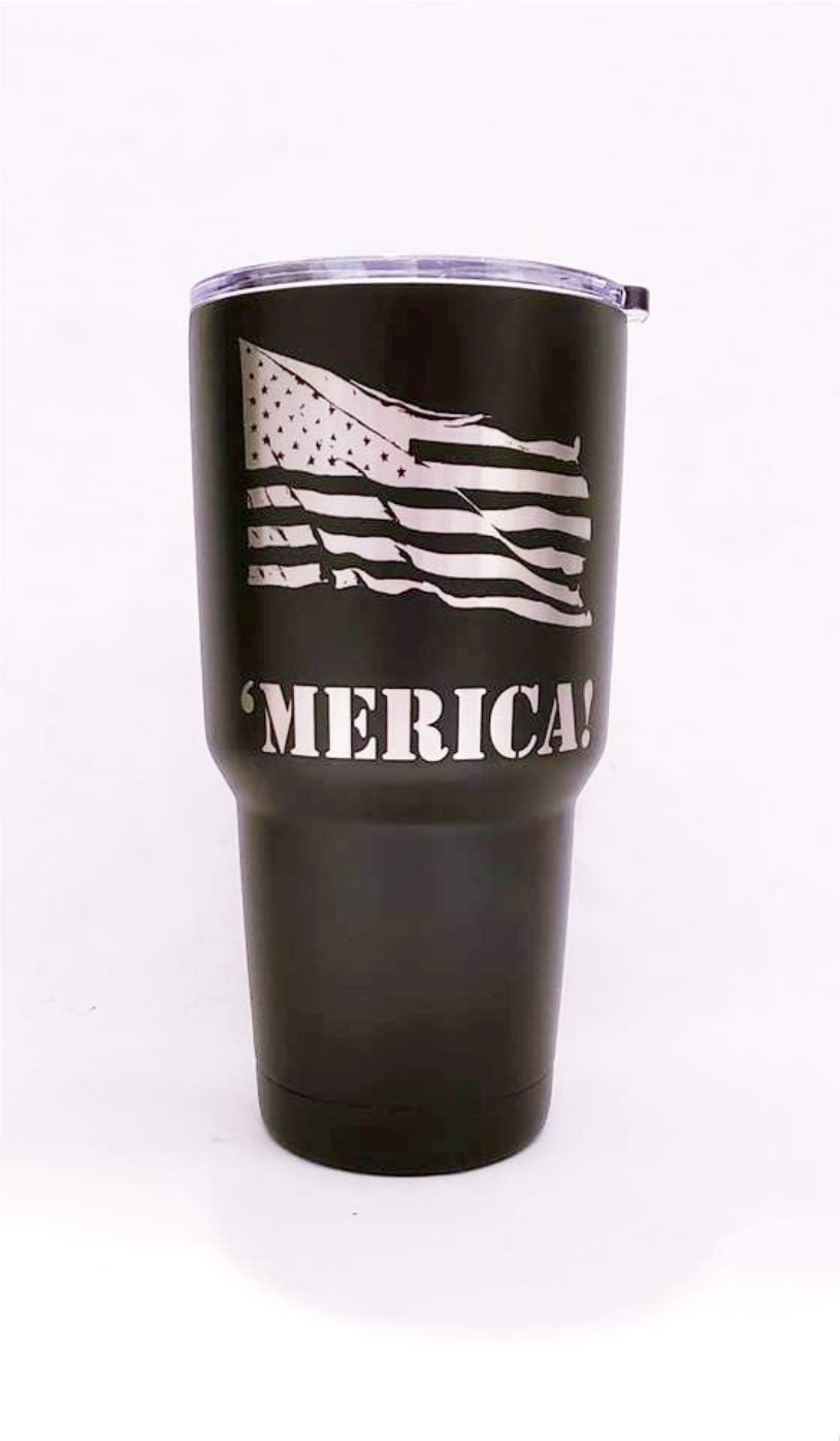 'MERICA! Engraved on Black Polar Camel 30 oz. Stainless Steel Vacuum Insulated Tumbler w/Clear Lid - BOTH SIDES Engraved