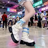 ACOLY Para skarpetek Y2K z kokardkami i kokardkami w stylu Harajuku Kawaii, ocieplacze na nogi z prążkowanej dzianiny Y2K z lat 80. (niebieskie kokardy)