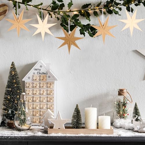Image of 12 Inches 5 PCS Brown Paper Star Lanterns Hanging Khaki Stars Christmas Party Decorations Hanging Beige Lampshade Christmas Wedding Birthday Christmas Home Party Decorations (7 Pointed)