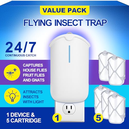 INRAGEO Flying Insect Trap & 5 Cartridges - Attracts and Traps Flying Insects Fruit Flies Mosquitoes - Compatible with ZEVOM364A Refill (1 Plug-in Base + 5 Cartridges)