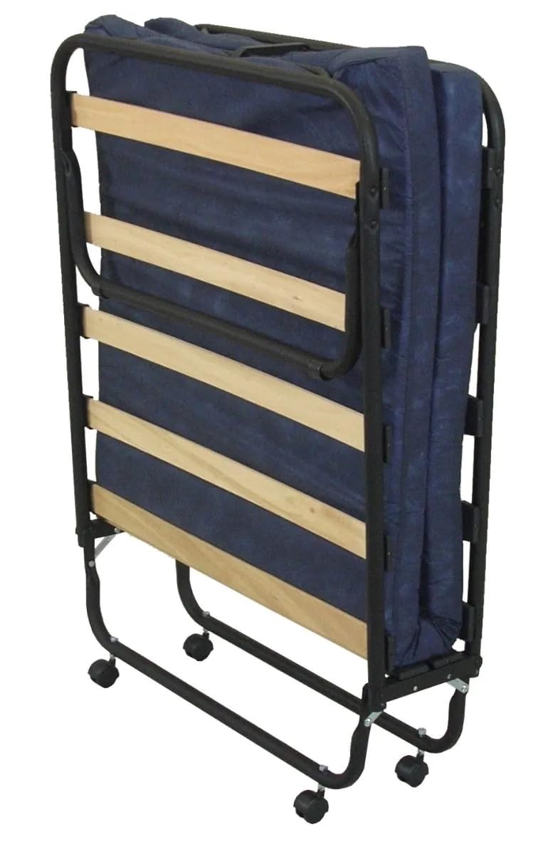 Bissolo Casa Letto Pieghevole Singolo con Materasso, Struttura in Metallo Nero, Rete a Doghe in Betulla, 80x190 cm, con Ruote, Altezza 34 cm